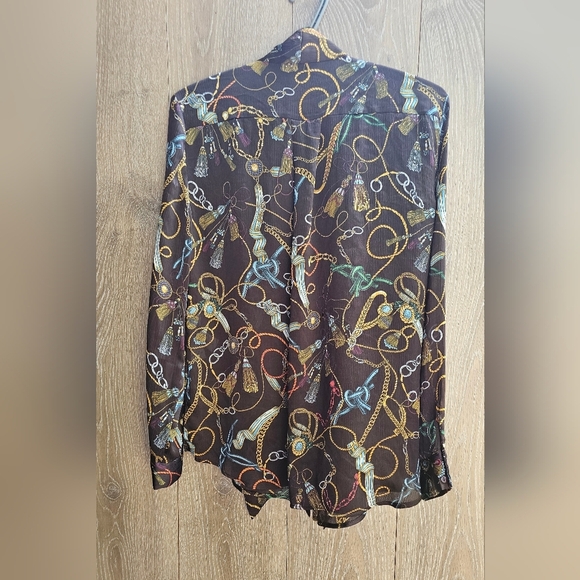 Zara Blouse Medium Chic Chain Print Blouse with Gold and Green Accents - Picture 3 of 3